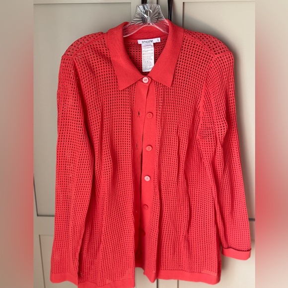 EUC Chico's Open Knit Button-Up Cardi & Tank Top SZ 2 (L/12) Coral/Burnt Orange - Picture 2 of 16